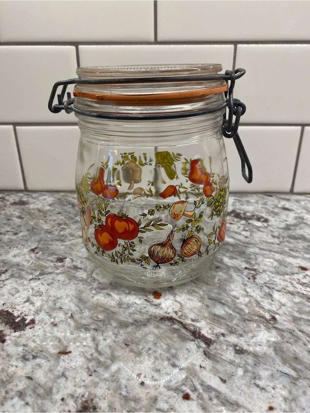 Vintage Arc France Glass Canister Jar Spice Of Life Hinged Metal Bail 1970's